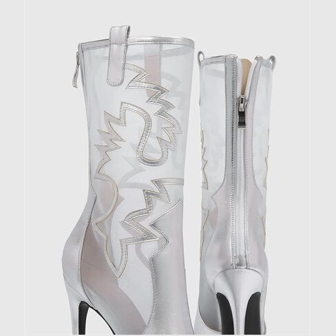 Womens Back Zipper High Heels Pointed Toe Faux leather Mesh Embroider Booties Stiletto heels Summer boots Ladies Thin Heels metal silver shoes in Kuwait