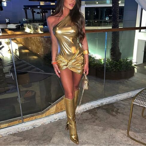 المرأة مثير جلد معدني واحد الكتف البسيطة اللباس 2 قطعة أكمام Ruched Bodycon حزب نادي اللباس in Kuwait