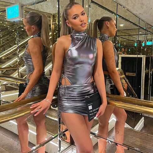 المرأة مثير جلد معدني واحد الكتف البسيطة اللباس 2 قطعة أكمام Ruched Bodycon حزب نادي اللباس in Kuwait