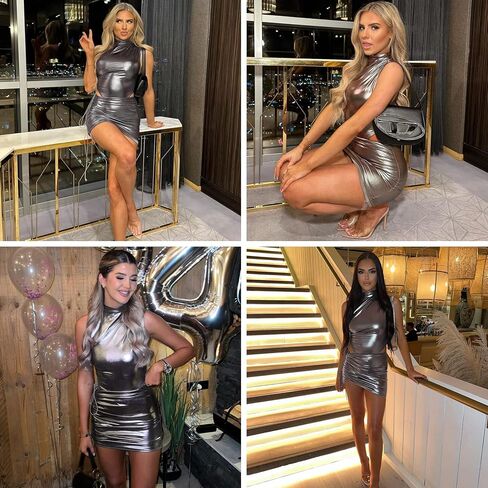 المرأة مثير جلد معدني واحد الكتف البسيطة اللباس 2 قطعة أكمام Ruched Bodycon حزب نادي اللباس in Kuwait