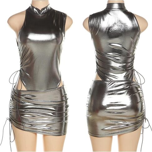 المرأة مثير جلد معدني واحد الكتف البسيطة اللباس 2 قطعة أكمام Ruched Bodycon حزب نادي اللباس in Kuwait