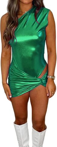 المرأة مثير جلد معدني واحد الكتف البسيطة اللباس 2 قطعة أكمام Ruched Bodycon حزب نادي اللباس in Kuwait