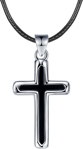 J.Endéar قلادة الصليب الأسود للنساء، سلسلة جلدية قلادة مع قلادة الصليب الفضة الاسترليني 925، الإيمان الصليب مجوهرات المسيحية هدايا المعمودية للفتيات in Kuwait