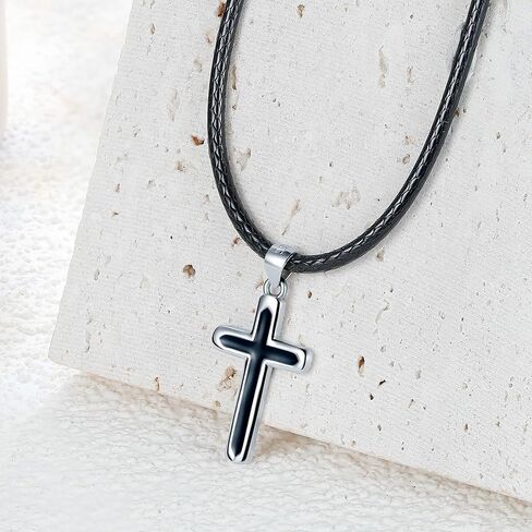 J.Endéar قلادة الصليب الأسود للنساء، سلسلة جلدية قلادة مع قلادة الصليب الفضة الاسترليني 925، الإيمان الصليب مجوهرات المسيحية هدايا المعمودية للفتيات in Kuwait
