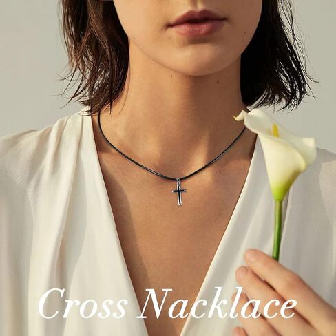 J.Endéar قلادة الصليب الأسود للنساء، سلسلة جلدية قلادة مع قلادة الصليب الفضة الاسترليني 925، الإيمان الصليب مجوهرات المسيحية هدايا المعمودية للفتيات in Kuwait