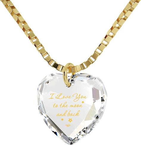 I Love You to The Moon and Back Tiny Crystal Heart Necklace 24k Gold Inscribed, 18" - NanoStyle Jewelry in Kuwait