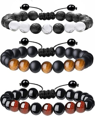 Caiyao 3Pcs Handmade Tiger Eye Braide Rope Bead Bracelet Set Adjustable Cord Volcanic Lava Rock Stone Essential Oil Diffuser Bracelet for Men Boy Teen Stress Anxiety Relief Protection Jewelry in Saudi Arabia