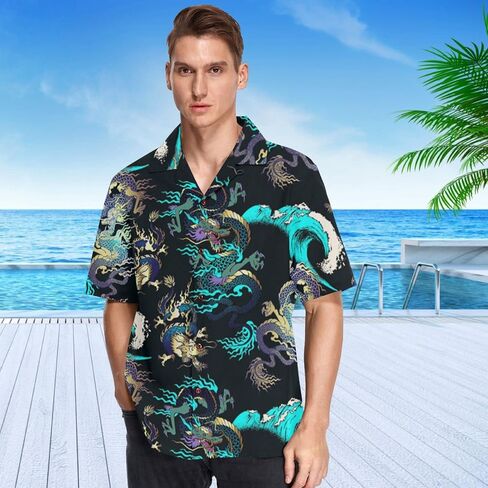 visesunny Dragon Blue Wave Hawaiian Shirt Casual Men Button Down Casual Shortsleeve Unisex Beach Aloha Shirts in Saudi Arabia