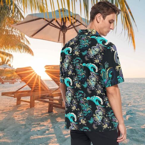 visesunny Dragon Blue Wave Hawaiian Shirt Casual Men Button Down Casual Shortsleeve Unisex Beach Aloha Shirts in Saudi Arabia
