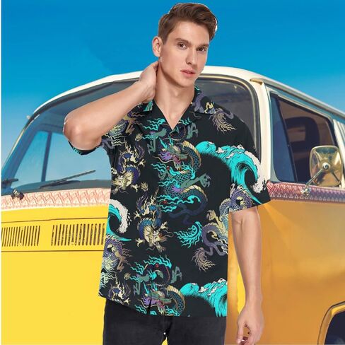 visesunny Dragon Blue Wave Hawaiian Shirt Casual Men Button Down Casual Shortsleeve Unisex Beach Aloha Shirts in Saudi Arabia