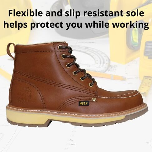 حذاء العمل وولف | جلد البقر المكسيكي الأصلي المقاوم للماء بنسبة 100% | مقاومة للمواد الكيميائية والنفطية | معزول | نعل مطاطي مانع للانزلاق | موك كلاسيك | بوسكين | البناء ومعدات الحماية الشخصية الصناعية | عسل in Kuwait