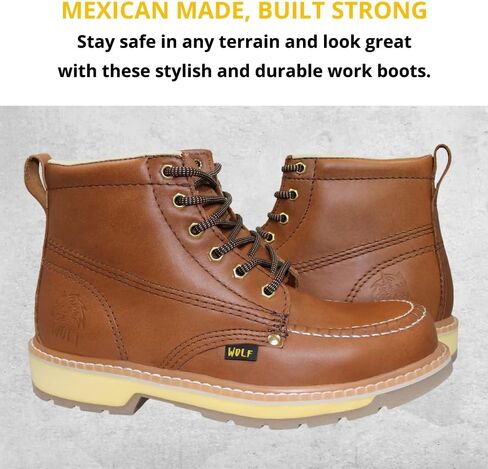 حذاء العمل وولف | جلد البقر المكسيكي الأصلي المقاوم للماء بنسبة 100% | مقاومة للمواد الكيميائية والنفطية | معزول | نعل مطاطي مانع للانزلاق | موك كلاسيك | بوسكين | البناء ومعدات الحماية الشخصية الصناعية | عسل in Kuwait
