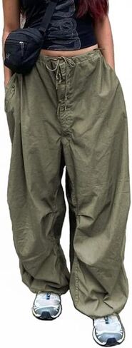 بنطال Harajuku Vintage Y2K النسائي: ارتفاع منخفض، نمط الركض الفضفاض مع حزام مريح، لأسلوب الهيبي وملابس الشارع in Kuwait