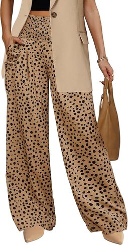 بنطلون نسائي صيفي بطبعة الفهد واسع الساق/بنطلون صالة Oceanside Palazzo مع جيوب in Kuwait