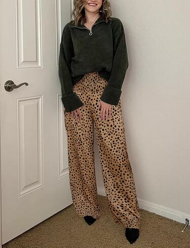 بنطلون نسائي صيفي بطبعة الفهد واسع الساق/بنطلون صالة Oceanside Palazzo مع جيوب in Kuwait