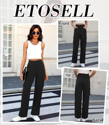 ETOSELL 2024 سراويل البضائع النسائية عالية الخصر بنطال ذو قصة أرجل واسعة Y2k مستقيم ملابس الشارع الشهير بنطلون فضفاض مع 4 جيوب أسود in Saudi Arabia