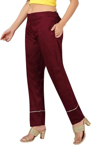 بنطلون قطن 100% للكاحل مريح للمكتب، نحيف، صلب للنساء، ملابس كاجوال مريحة | تصميم خطوط مائلة من Pintex in Kuwait