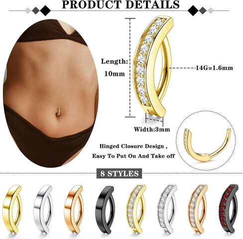 HAIAISO 8 Pcs Clicker Belly Button Rings for Women Hypoallergenic Surgical Steel Belly Button Rings Reverse Curved Barbell Piercing Body Jewelry in Saudi Arabia