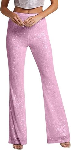 سراويل Culeze النسائية اللامعة ذات الترتر المتوهج عالية الخصر ذات الجرس السفلي سراويل واسعة الساق سراويل كلوبوير in Kuwait