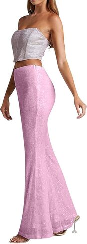 سراويل Culeze النسائية اللامعة ذات الترتر المتوهج عالية الخصر ذات الجرس السفلي سراويل واسعة الساق سراويل كلوبوير in Kuwait