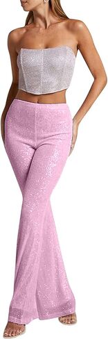 سراويل Culeze النسائية اللامعة ذات الترتر المتوهج عالية الخصر ذات الجرس السفلي سراويل واسعة الساق سراويل كلوبوير in Kuwait