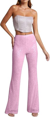 سراويل Culeze النسائية اللامعة ذات الترتر المتوهج عالية الخصر ذات الجرس السفلي سراويل واسعة الساق سراويل كلوبوير in Kuwait