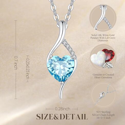 FANCIME 14K Solid White Gold Birthstone Necklace Genuine or Created 6mm Heart Gemstone Pendant with Lab Grow Diamonds Sterling Silver Chain Fine Jewelry Anniversary Birthday Gifts for Women 16" + 2" in Saudi Arabia