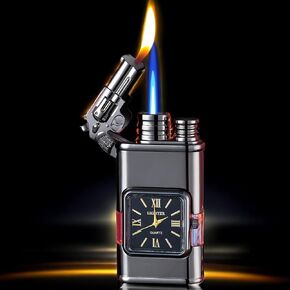 Mivikee Windproof Lighter, Vintage Lighter with Watch, Jet Torch/Soft Flame Switchable Lighter, Cool Lighter with Adjustable Flame Dial, Butane Refillable for Men/Husband (Fuel Not Included)