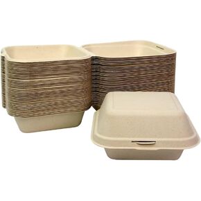 Clamshell Kraft To Go Containers - (50 Pack) 7" X 5" Food Take Out Bagasse Fiber Pulp Compostable Disposable Boxes With Lids For Sausage Salad Hot Dogs Steak Parties