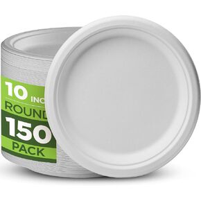 100% Compostable Paper Plates Heavy Duty -150 Pack Biodegradable Disposable Plates - 10 Inch White Disposable Dinner Plates Made of Eco-Friendly, Natural Sugarcane Bagasse, Microwavable Plates Bulk
