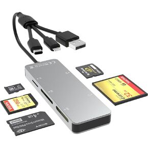 3 in 1 USB C/Lightning/USB 3.0 Multi Memory Card Reader Adapter for Computer/Laptop/iPad/iPhone/Android Phone - 5 in 1 SD/Micro SD/MS/CF/XD Card Reader, Aluminum