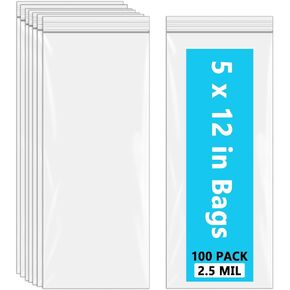 5x12 Long Plastic Bags, Zip Bags Clear Plastic Poly Bags, 2.5 Mil, 5" x 12" (Pack of 100)