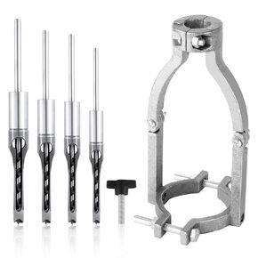 Square Hole Drill Bit Adapter & 4pcs Square Hole Drill Bit, Mortising Attachment for Drill Press Mortise & Tenon Tools Woodworking Mortise Machine Easy Install or Disassemble Fixing Bracket