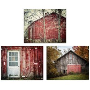 Red Farmhouse Wall Decor Set of 3 SMALL 5x7" Barn Landscape Prints - Not Framed - Rustic Country Picture Gallery for Living Room, Kitchen or Office Wall Decor