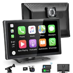 شاشة CARABC 9 بوصة لاسلكية Apple CarPlay & Android Auto، كاميرا داش 4K 1080 بكسل عكسية، تشغيل السيارة GPS والملاحة AirPlay التحكم الصوتي/AUX/FM in Kuwait