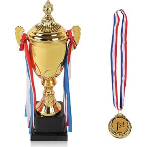 Calvana 2 Pcs Large Trophy & Medal for Sports Tournaments, 1Pc Trophy Cup and 1Pc Medal Award Competitions,Soccer Football Big Match Optional Gold Silver Bronze Trophy- Solid and Durable