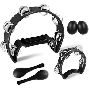 Tambourine,Metal Jingles Hand Held Percussion,Tambourine For Adults,Half Moon Tambourine And Egg Shakers, Sand Hammer Apply Adults Kids Party, KTV, Church (Black)