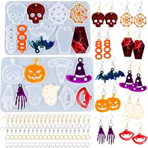 Rifanda 82 PCS Halloween Earring Resin Molds with Hole, 10 Pairs Halloween Silicone Molds with 40 Earring Hooks Skull Pumpkin Bat Spider Earring Epoxy Resin Jewelry Mold Halloween Pendant Keychain