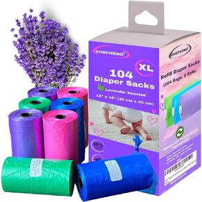 Baby Diaper Bag Disposable Lavender Scented Refill 8 Rolls (104 Diaper Sacks) Dog Poop Waste Bags Cat Litter Clump & Poop Bags Sanitary Pad Waste Bags (104 Bags, Scented)