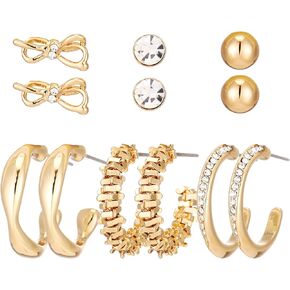 6 Pairs Gold Earrings for Women 14K 18K Gold Plated Surgical Steel Rhinestone Earrings for Girls Gift Gold Hoops & Stud Earring Set