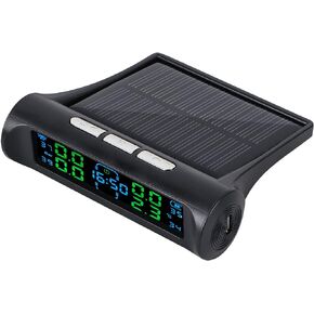 YOUNGFLY Tire Pressure Monitoring Systems Monitor with Clock, Solar Power and USB Charge, LCD Display, 4 External TPMS Sensors Pressure and Temperature Safety Alarm Auto Backlight Smart Display