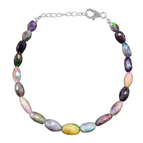 Genuine Black Ethiopian Fire Opal Stone Beads with Silver Ball Bracelet For Women, Healing Crystal, Handmade Birthstone Jewelry, Rhodium Plating Sterling Silver Chain 8" Anniversary Gifts