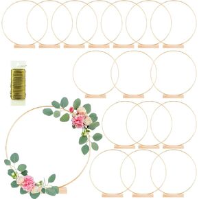 16 Pack Floral Hoop with Holders and 38-Yard Paddle Wire 10 in Metal Rings for DIY Centerpiece Table Decorations Crafts Macrame Rings Hoop Wreath Dream Catcher Rings Wedding Christmas Wreaths, Gold