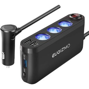 EUGIZMO USB Cigarette Lighter Adapter, 200W Car Cigarette Lighter Plug Splitter Adapter USB Charger Extension Cord 3 Socket Way 12V/24V Plug Car Charger Adapter Splitter Port for Plug Outlet