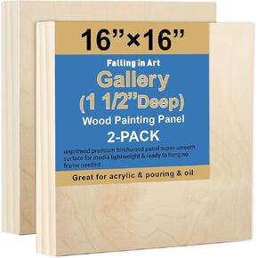 Falling in Art 2 Pack Unfinished Wooden Canvas Panels, 16x16 Gallery Birch Wood Panels Kit, 1 1/2" Deep Art Cradle Boards for Acrylic Painting, Pouring and Burning