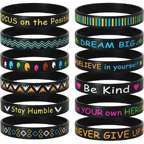 Morcheiong 24 Pieces Motivational Rubber Wristbands Black Inspirational Quote Silicone Bands Unisex Style- 12 Designs