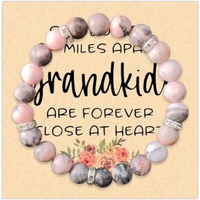 Hxlac Grandma Bracelet, Long Distance Gifts Stone Bracelets for Grandma Grandparents, Mothers Day Gifts for Grandma from Grandkids, Grandkids are Forever Close Pink Beaded Stretch Bracelets with Card