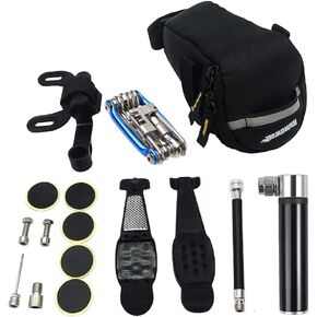 Bike Tire Repair Kit and Mini Bike Pump - for The Presta and Schrader Glueless Puncture Repair Kit (Up to 120 PSI) for Road Mountain Bikes and BMX Bikes with Bike Tail Bag