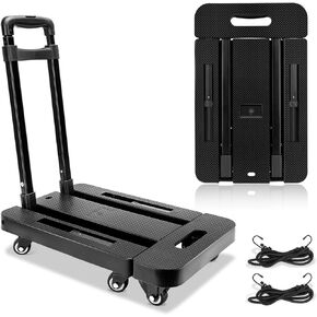 Hand Truck Dolly, Folding Hand Truck - Dolly Cart for Moving 500 LB Heavy Duty Luggage Cart with 6 Wheels & 2 Bungee Cords for Luggage, Travel, Moving, Shopping, Office (Black)