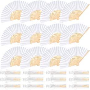 12 Pieces White Hand Held Bamboo Folding Fans Paper Fans Handheld for Women Foldable Girls Wedding Decoration Church Home Party Favors Summer